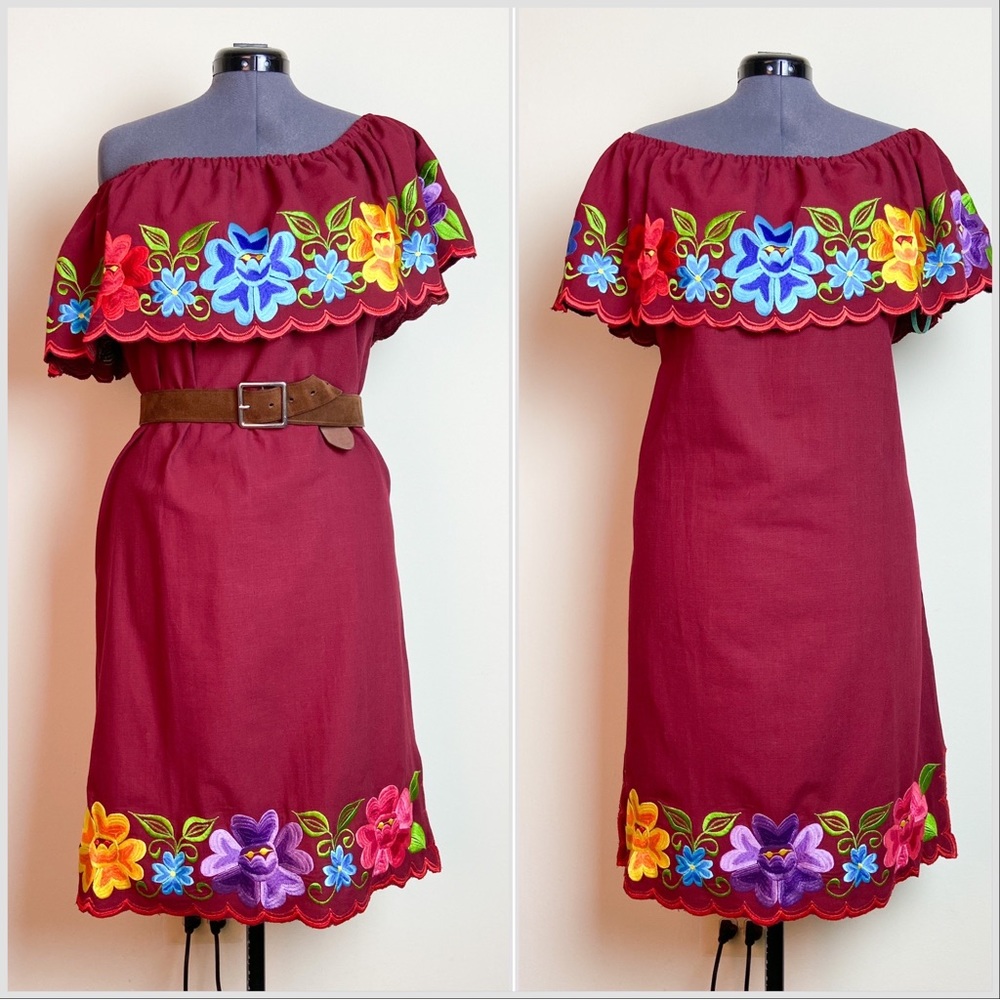 Vintage linen & cotton off the shoulder embroidered dress